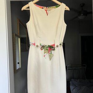 Sleeveless wool office work dress with scarf belt